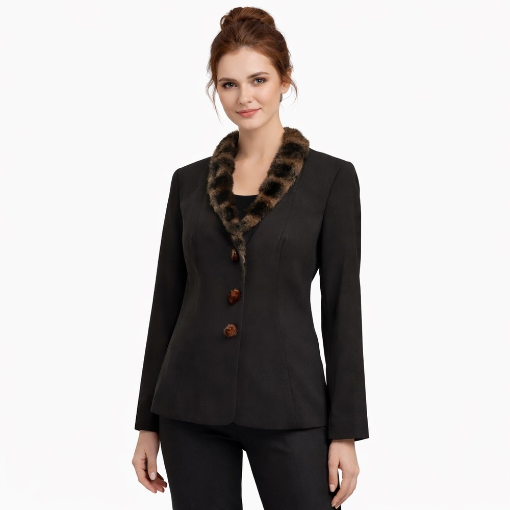 Danny & Nicole Black Faux Fur Trim Collar Blazer Jacket Petite 10P
